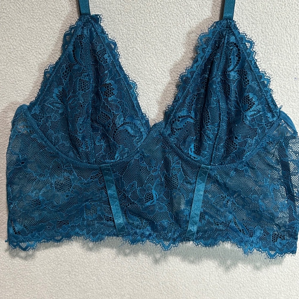 Lace Bralette Women Small Teal Sheer Eyelash Trim lounge sexy Romantic lingerie